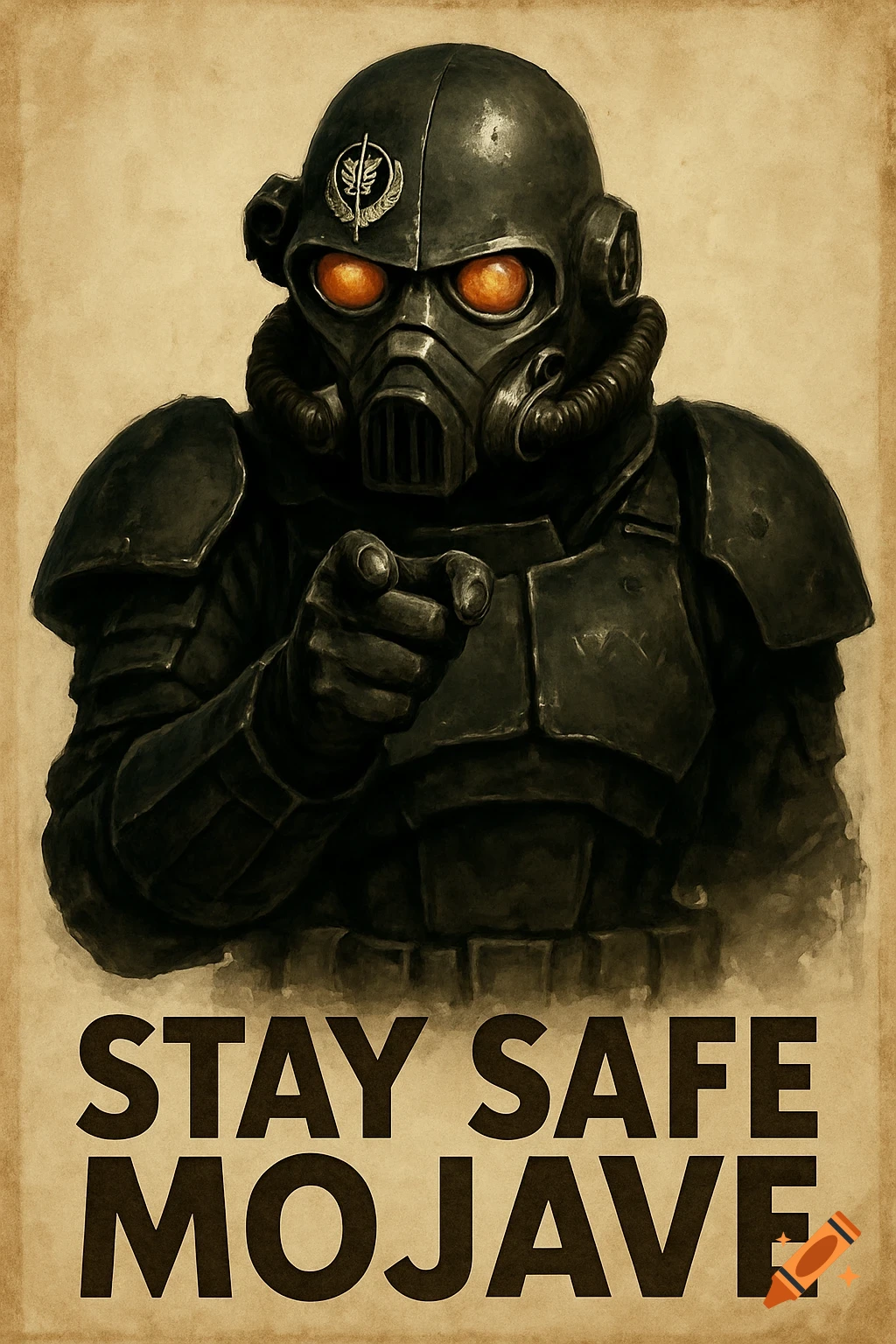 Person in black combat armor points with text 'STAY SAFE MOJAVE' below