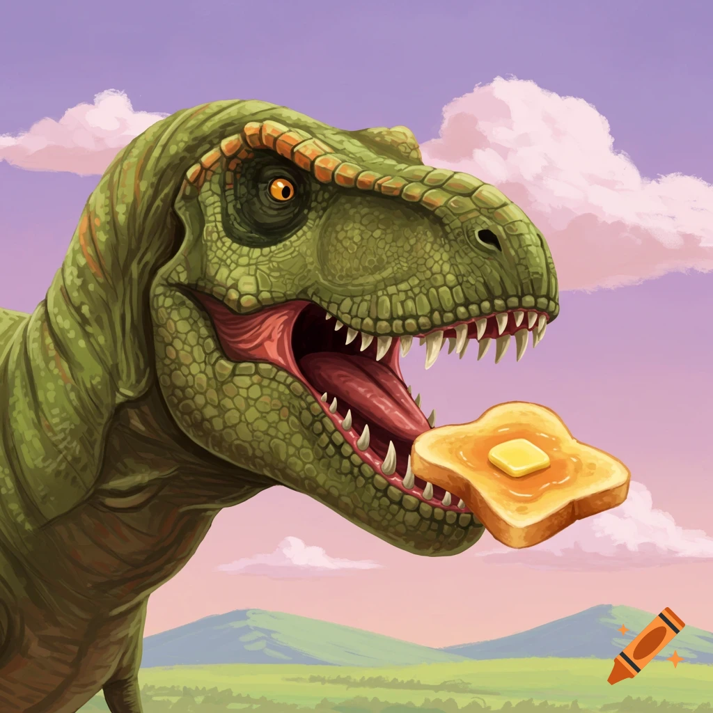 Illustration of a green T-Rex eating a piece of buttered toast in a prehistoric landscape.