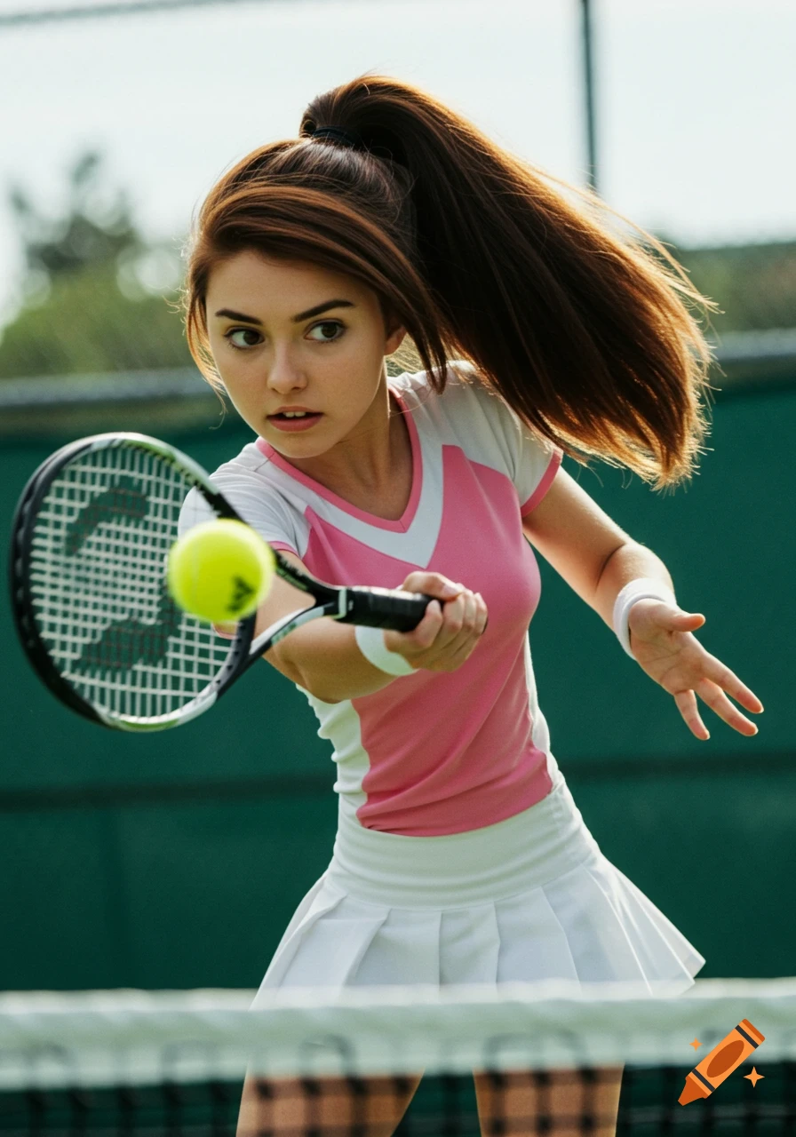 A young woman hits a tennis ball with a racket during a match.