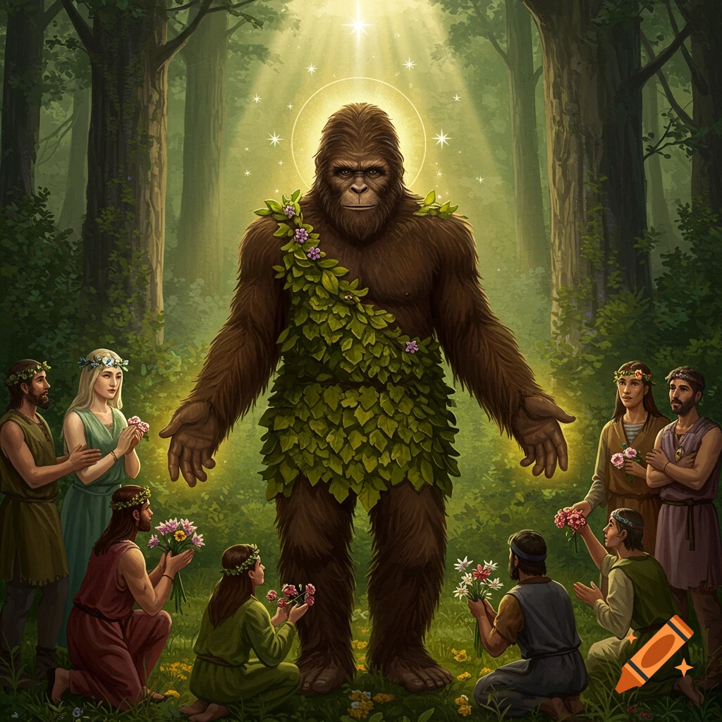 A large, furry Bigfoot with a halo stands in a forest clearing surrounded by people offering flowers.