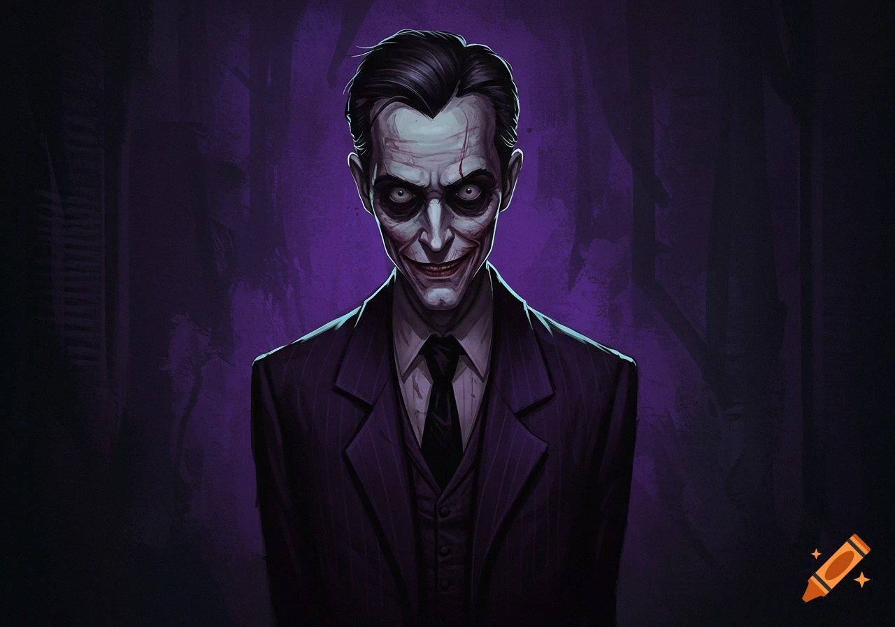 Illustrative portrait of a creepy man in a suit with pale skin and an unsettling smile against a purple background.