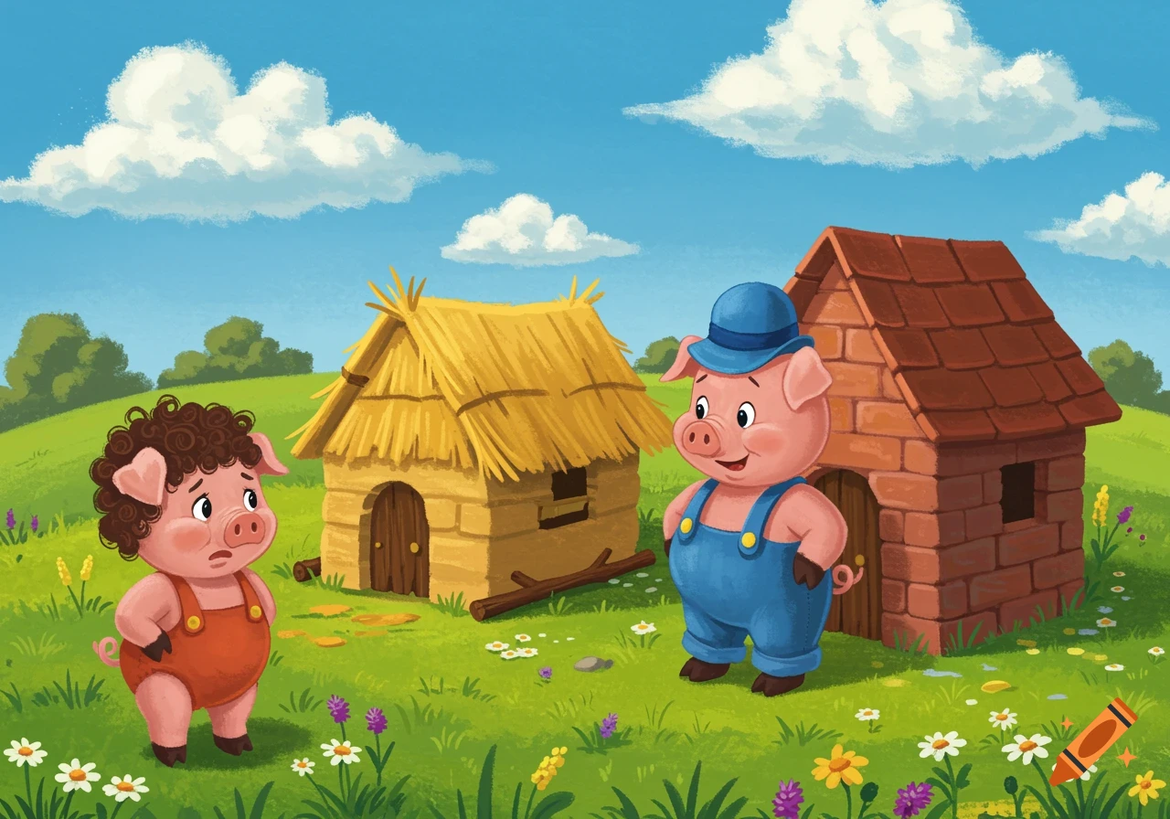 Two cartoon pigs stand by houses in a grassy field with flowers under a sunny sky.