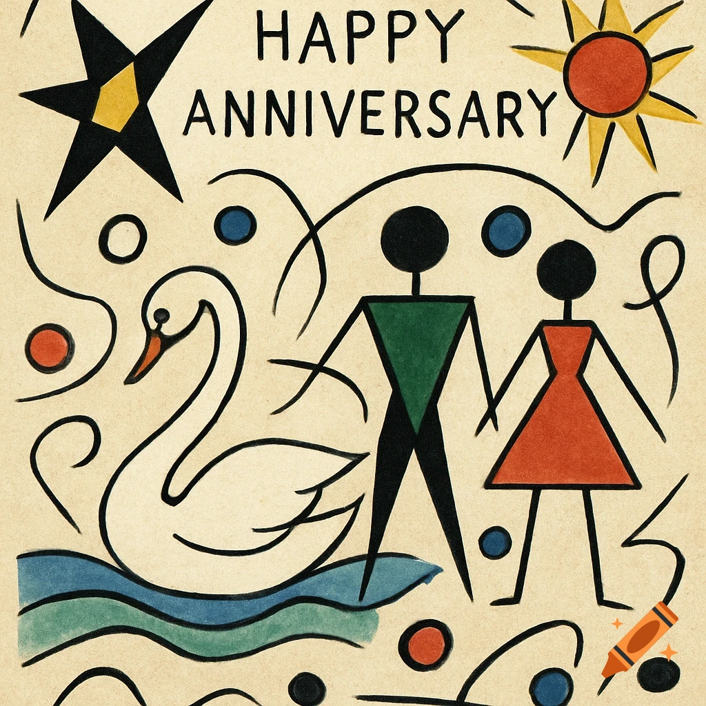 Abstract anniversary card in Miro style with figures, swan, sun, star, and text "HAPPY ANNIVERSARY".