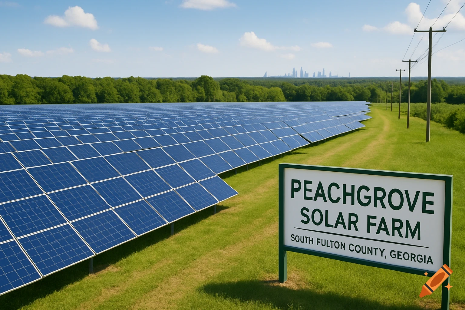A large solar farm in a grassy field under a sunny sky with a sign reading 'PeachGrove Solar Farm' and a distant city skyline.