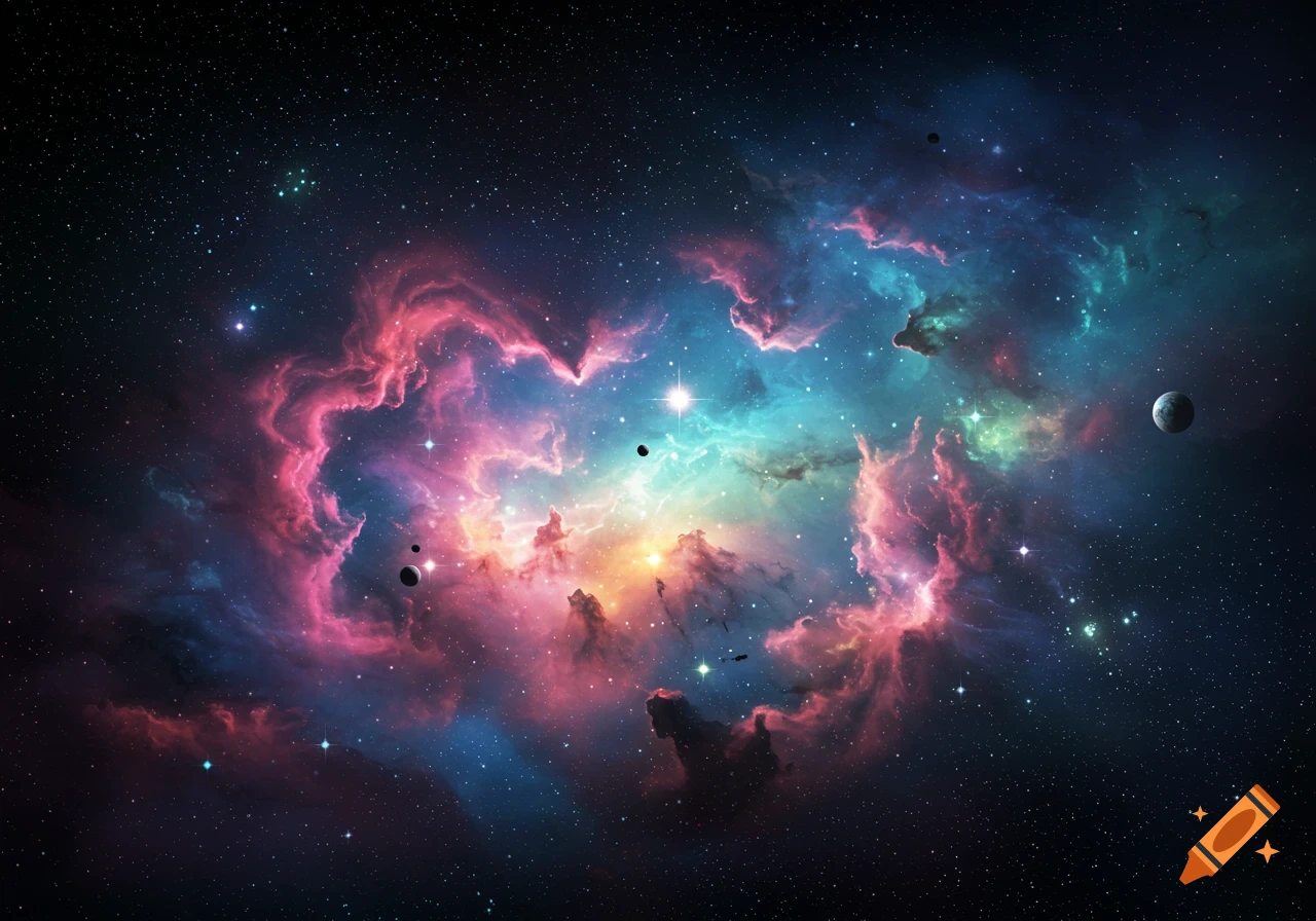 A colorful nebula with stars and planets in space.