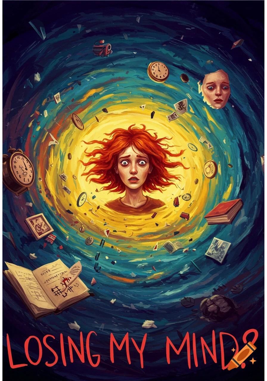 Dramatic illustration of an anxious woman's face in a swirling vortex of objects, with "LOSING MY MIND?" below.
