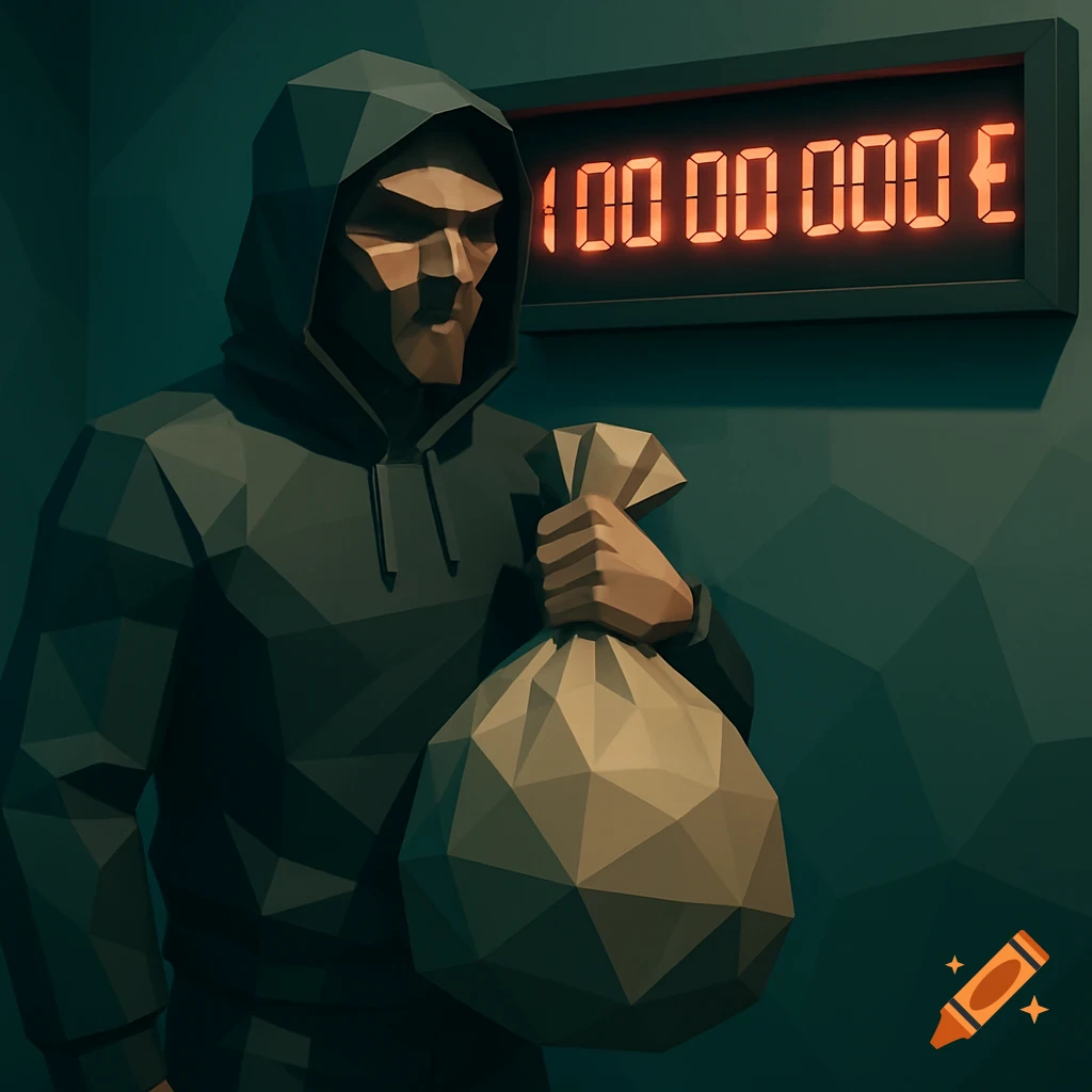 A low-poly figure in a hood holds a bag in front of a digital counter showing 100 000 000 €.