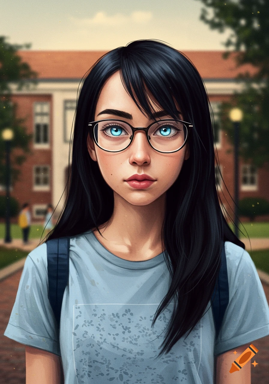 A digital portrait of a young woman with glasses, blue eyes, and black hair standing on a college campus.