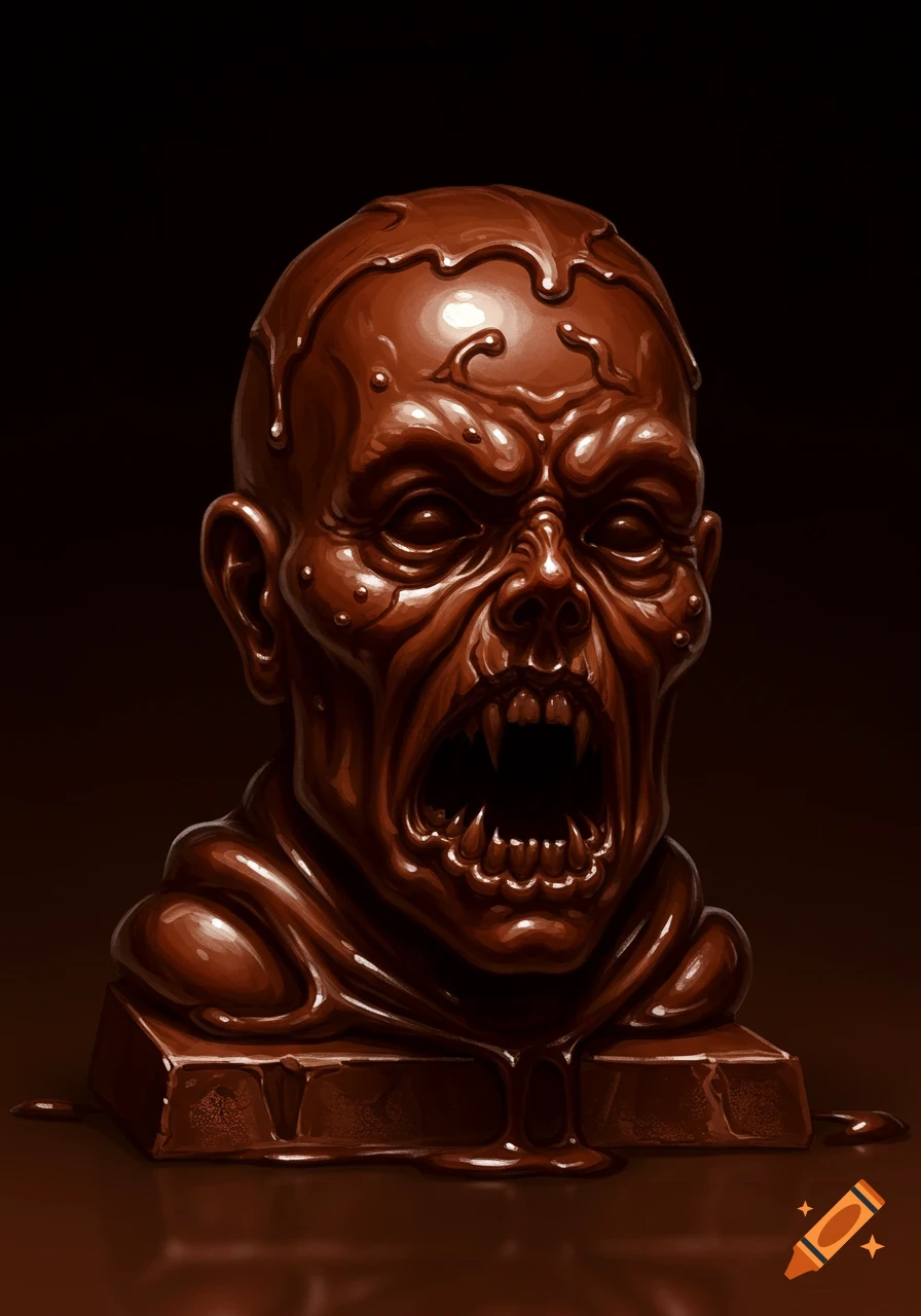 Close-up of a terrifying sculpture of a zombie face made from melting chocolate.