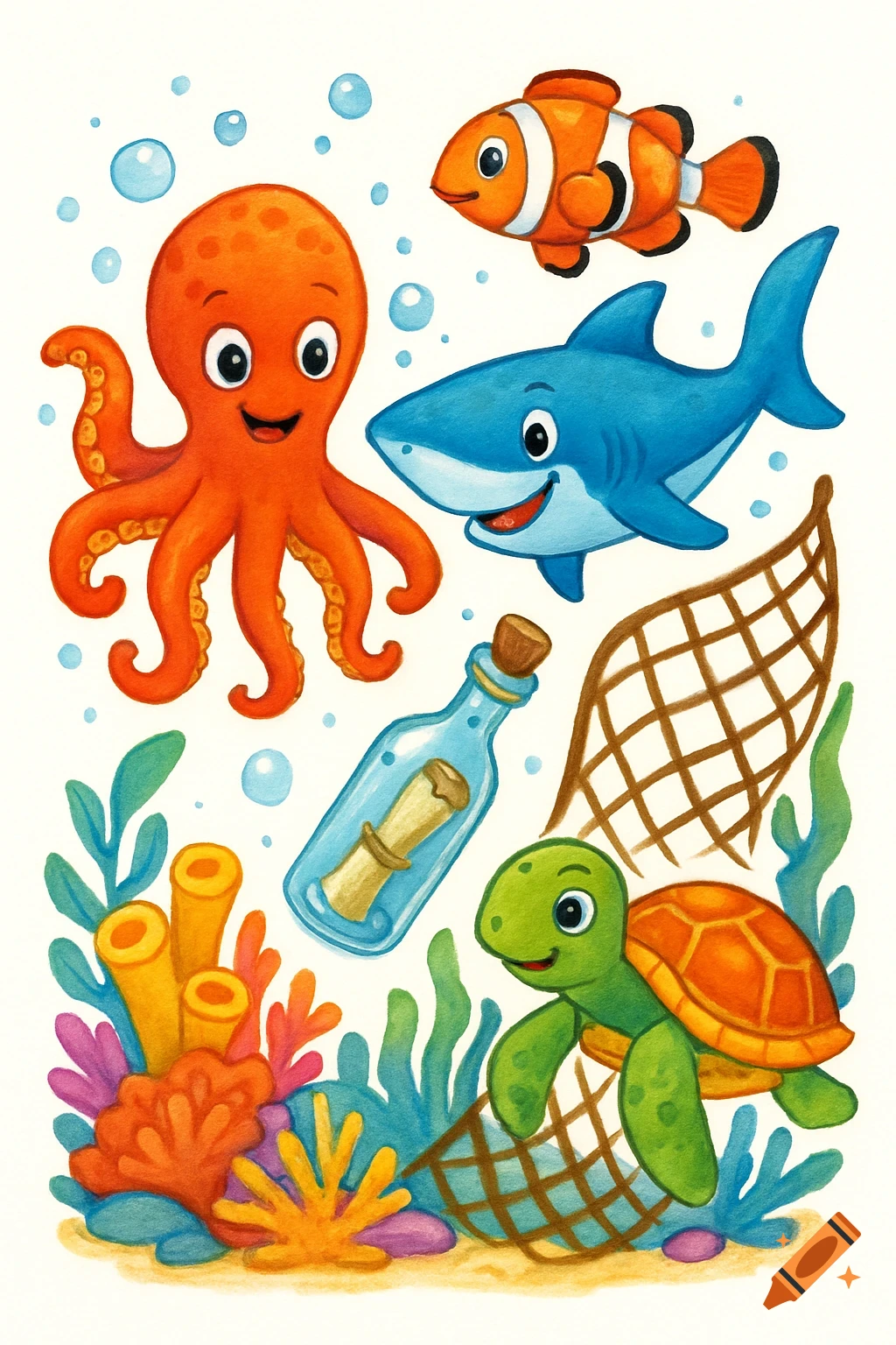 Cartoon watercolor illustration of an octopus, clownfish, shark, and turtle underwater with a message in a bottle and fishing net.