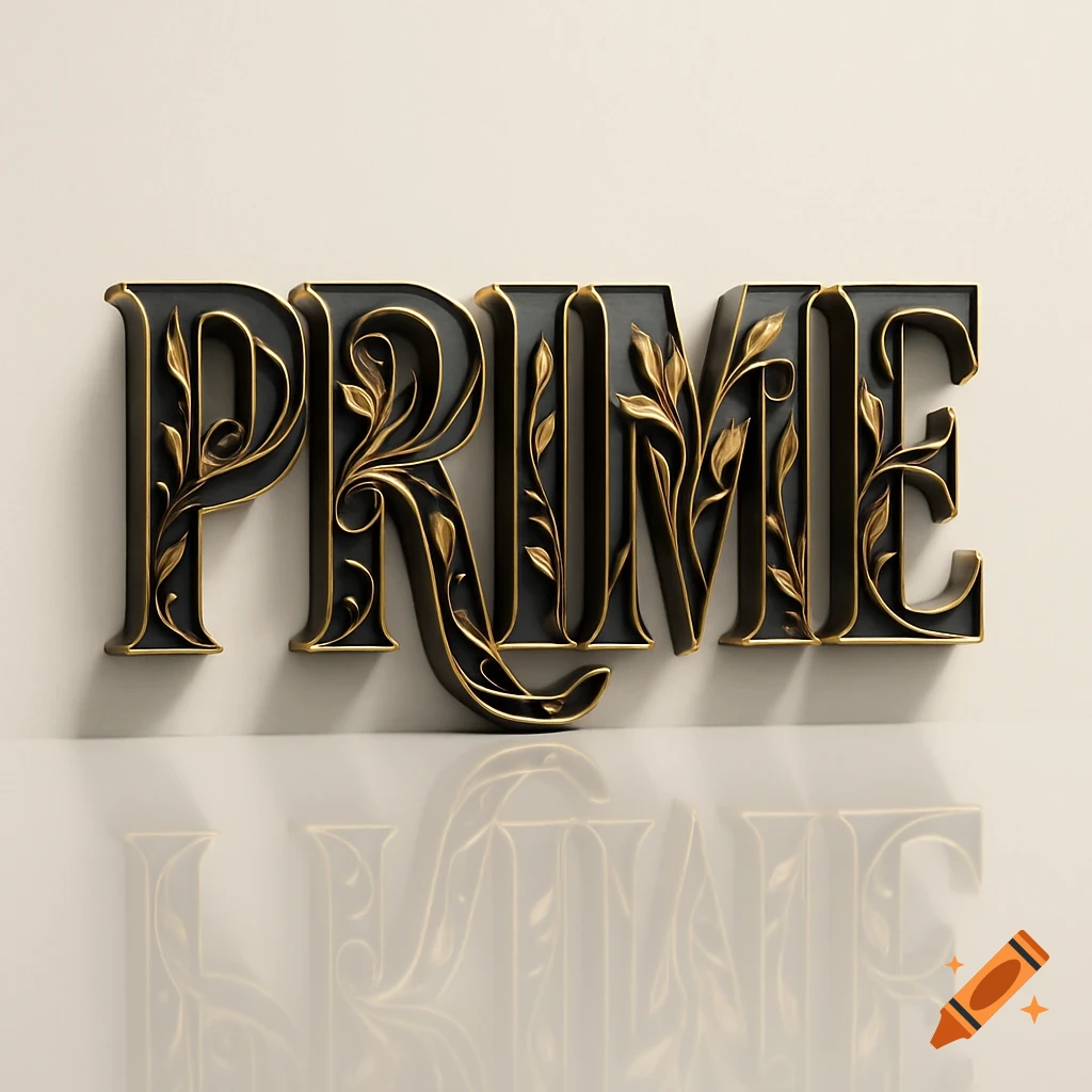 3D black and gold letters PRIME with floral decoration and reflection