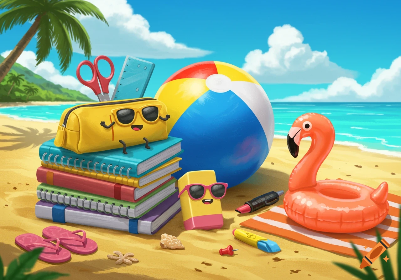 Cartoon illustration of school supplies like books, pencil case, ruler, scissors, and eraser on a beach with a beach ball and flamingo float.