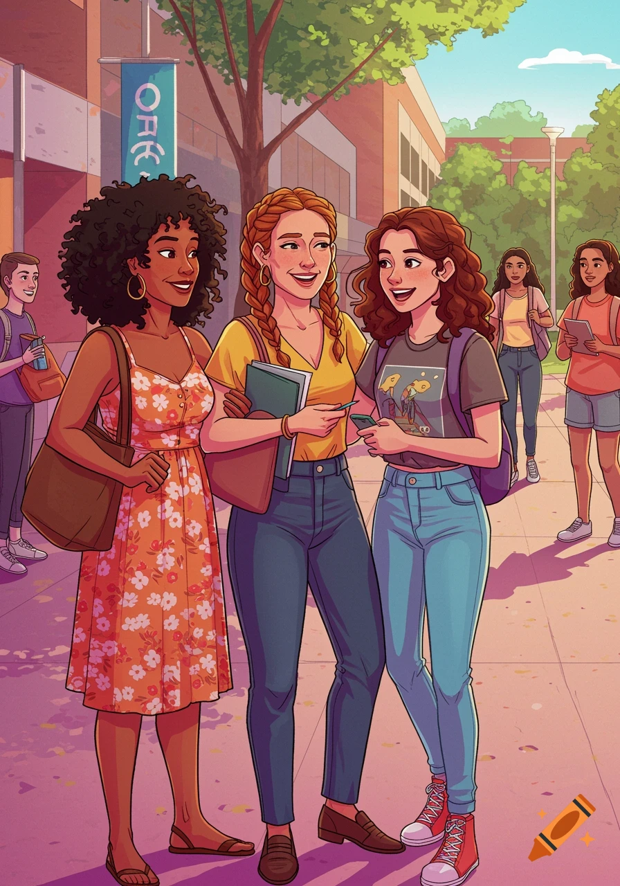 Three young women walk and talk on a sunny college campus, with other students in the background, in an illustrated style.