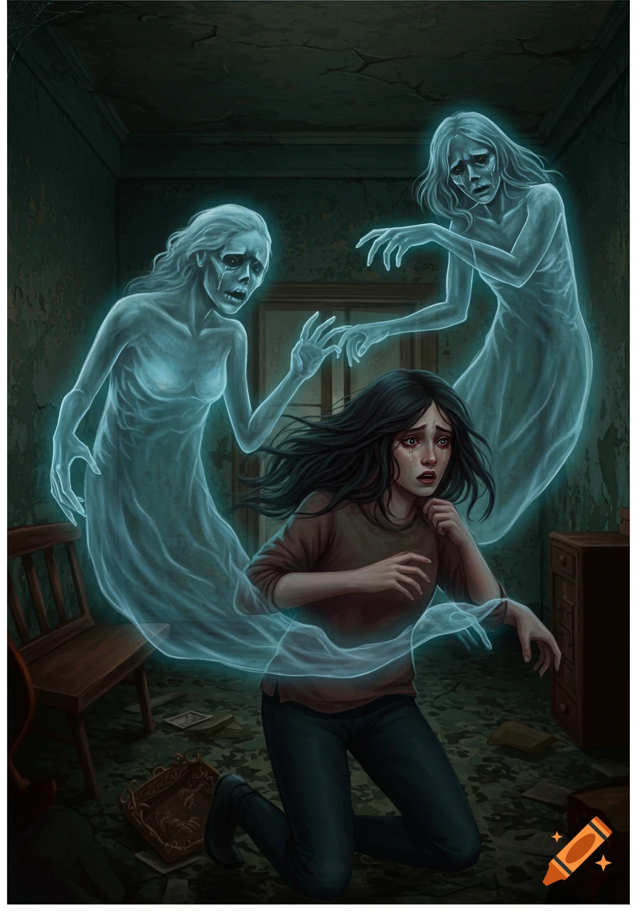 An illustration of a person crouching on the floor scared by two glowing ghosts in a dark, messy room.