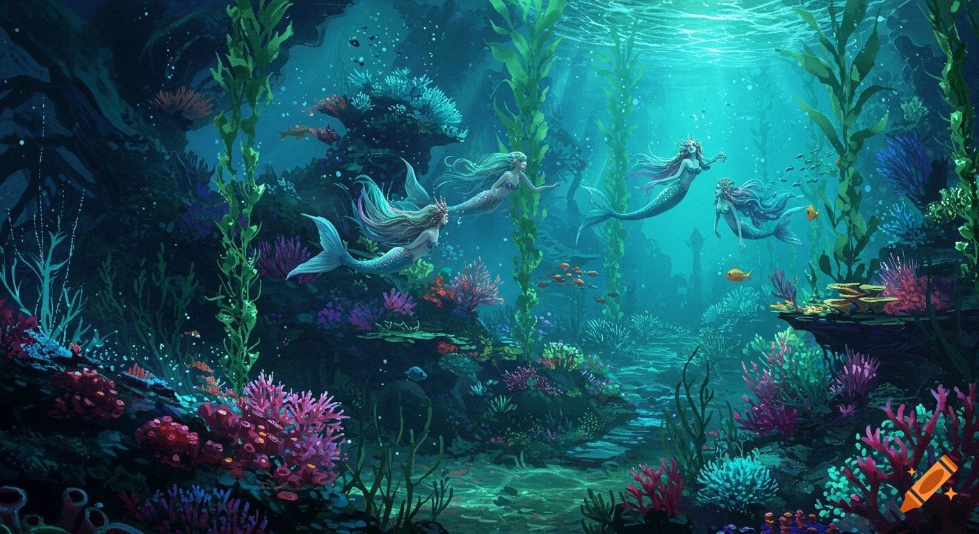 Illustration of mermaids swimming in a vibrant underwater fantasy scene with colorful coral reefs and fish.