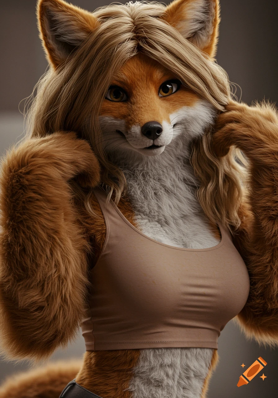 Closeup photorealistic portrait of an anthro fox female with long blonde hair wearing a crop top.
