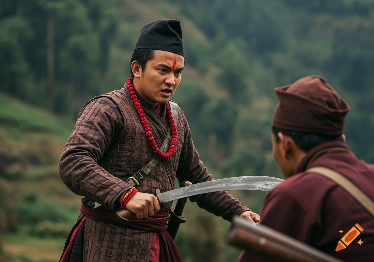 Magar warrior in traditional dress fighting with a khukuri in a hilly landscape.