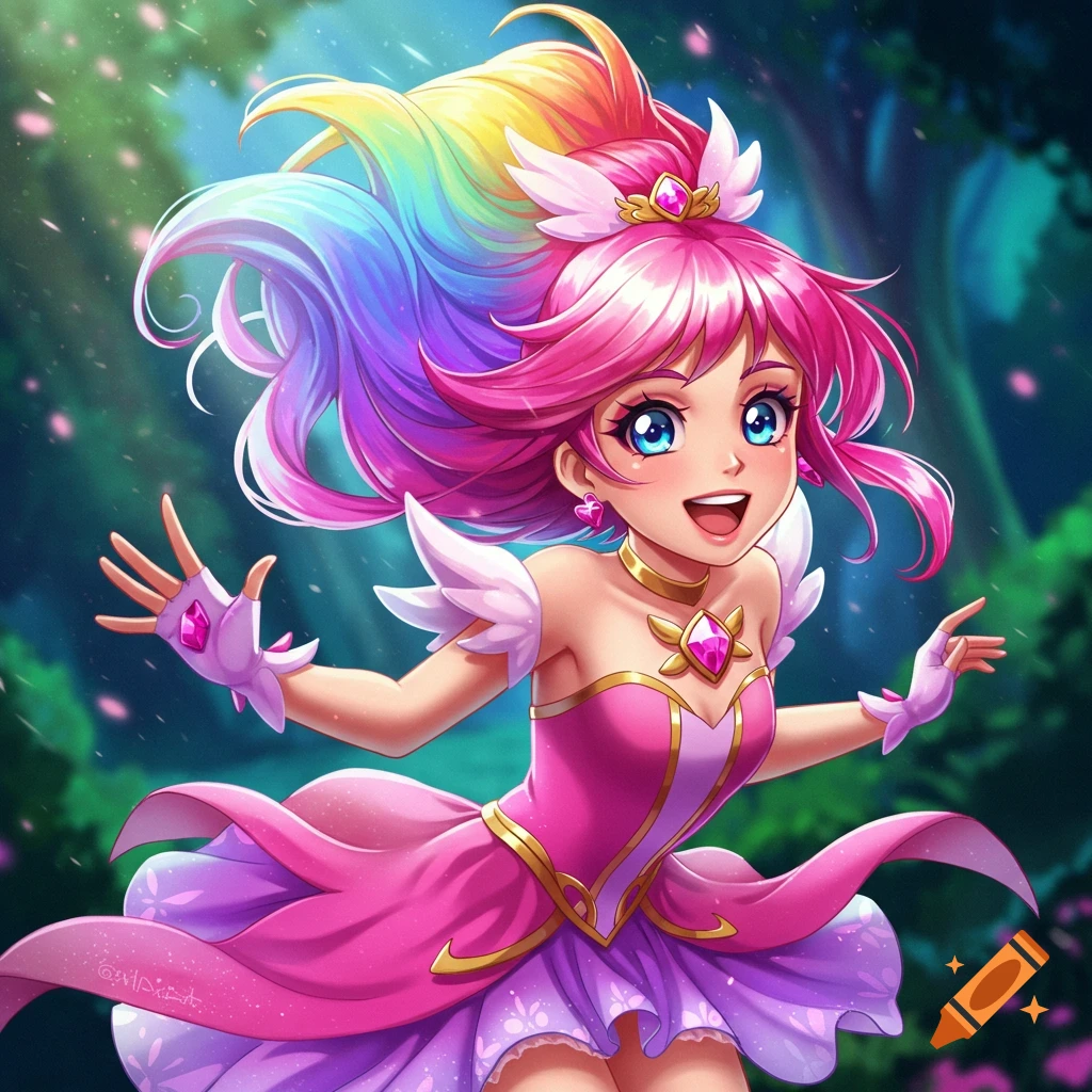 A cheerful magical girl with vibrant rainbow hair and a pink and purple dress smiles and poses in a forest.