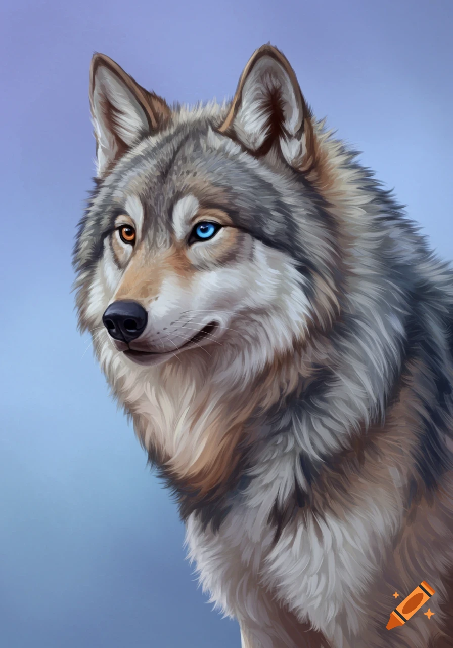 Digital painting of a wolf with one blue eye and one brown eye, with grey and brown fur.