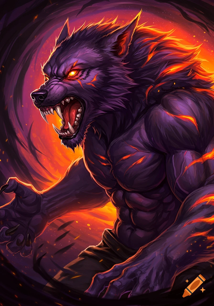 Stylized muscular purple werewolf with glowing orange eyes and fire surrounding it.