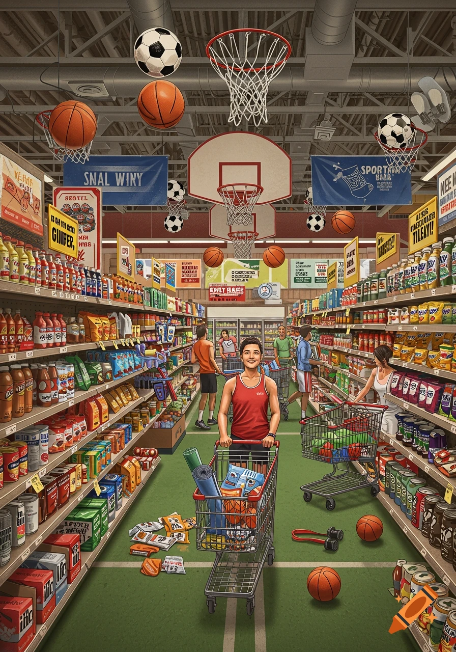 Grocery store interior filled with sports equipment and shoppers, illustration style.