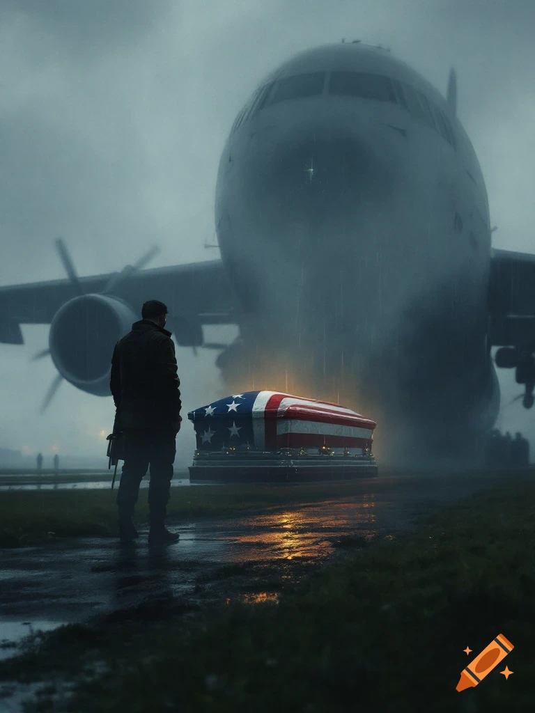 Soldier stands by a flag-draped coffin on an airfield in the rain with a large airplane behind him.