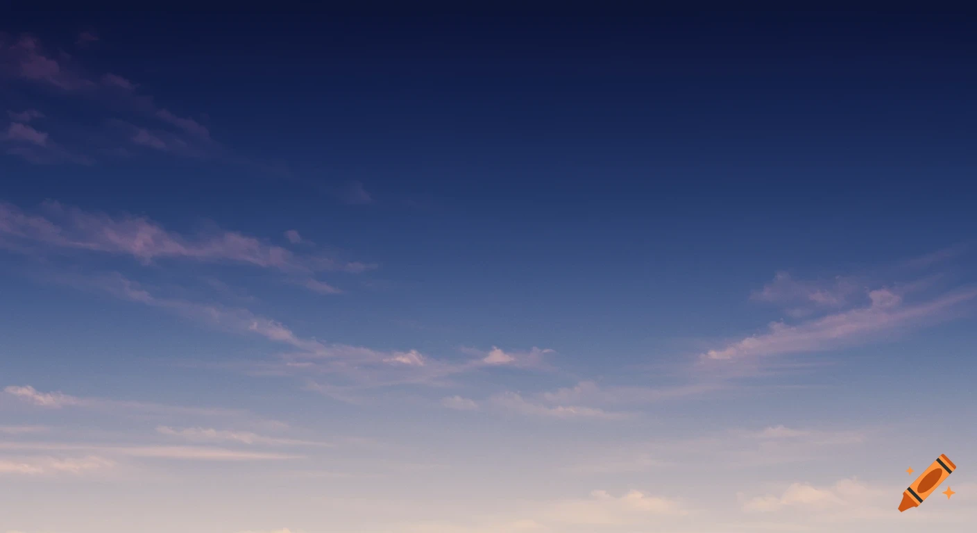 A sky gradient from dark blue to light orange with scattered clouds.