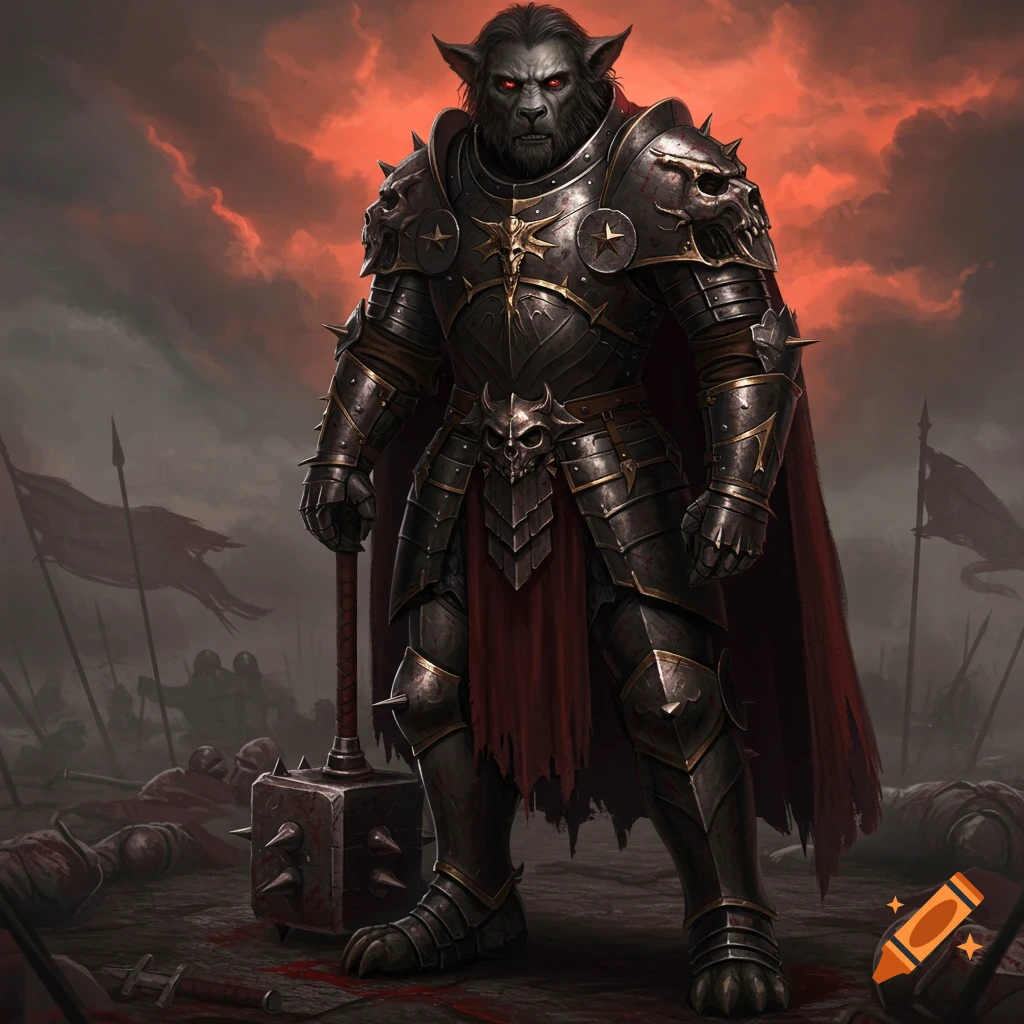 Dark fantasy illustration of a beast knight in ornate armor holding a hammer on a battlefield under a red sky.