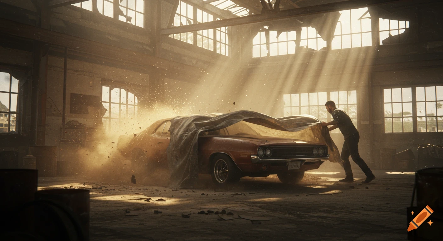 Man uncovering a classic muscle car in a dusty, sunlit abandoned garage.