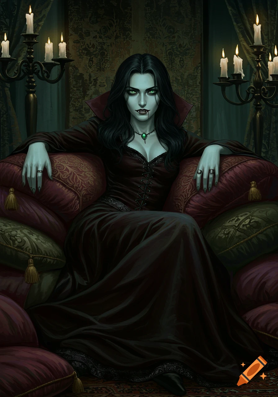 A vampire woman with pale skin and fangs sits on plush cushions in a dark room with lit candelabras.