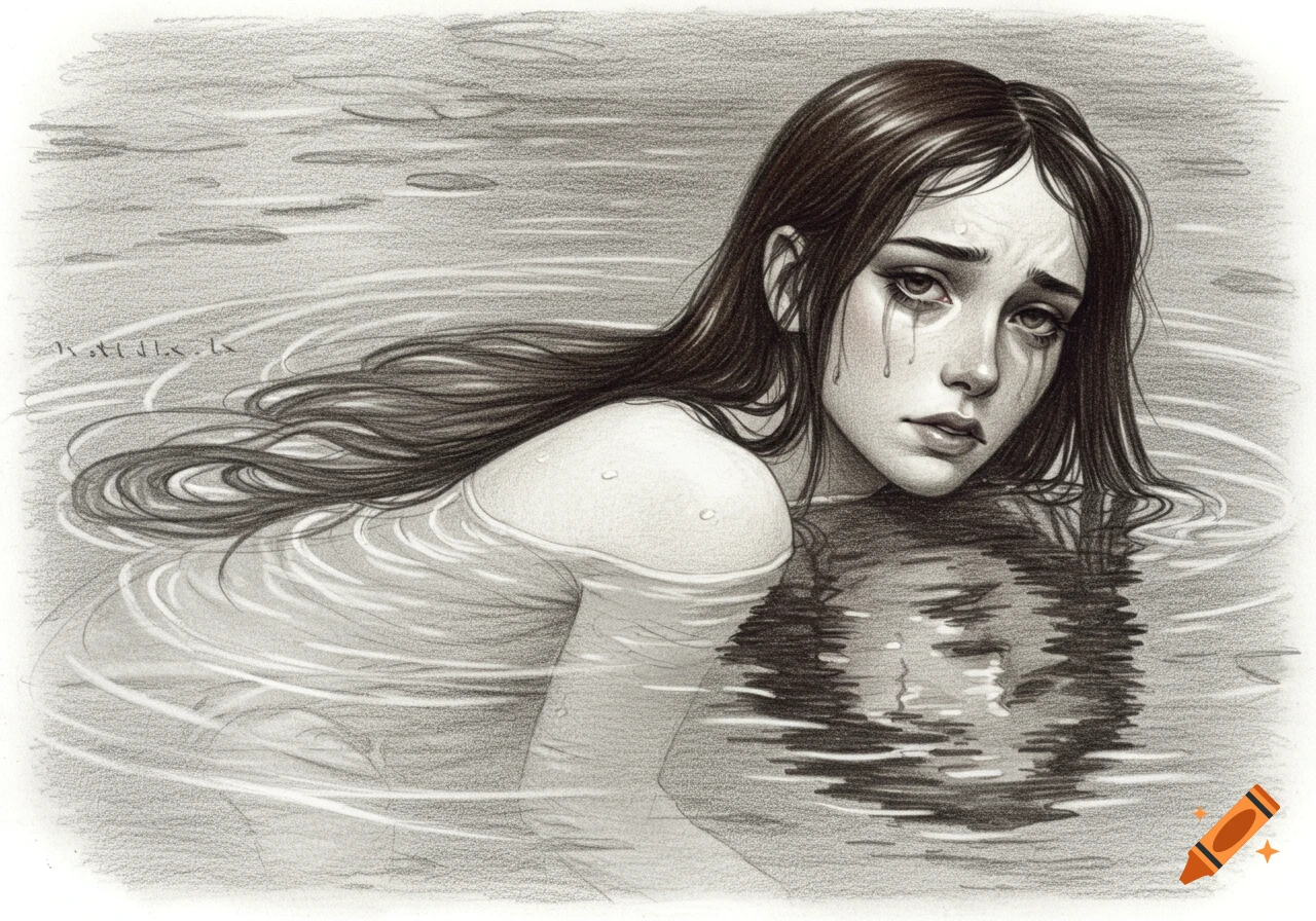 Pencil drawing of a sad woman crying in water