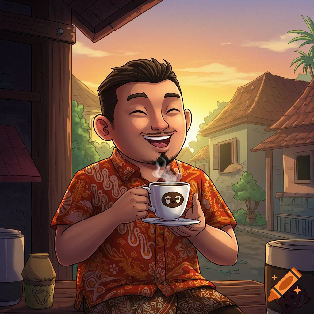 Cartoon man in batik shirt smiles while holding a mug of coffee at sunrise in a village.