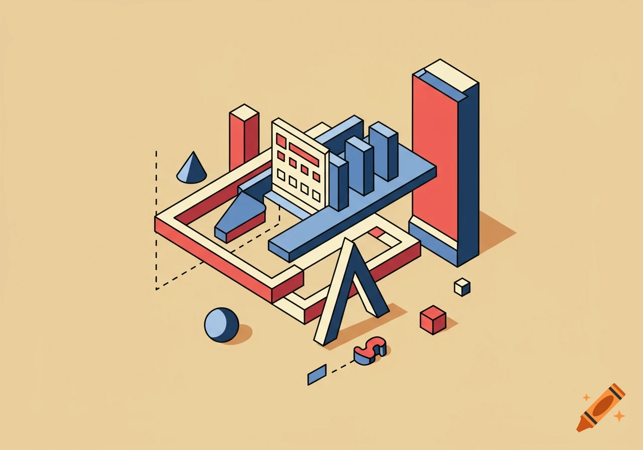 Isometric vector drawing of abstract geometric shapes in red, blue, and tan