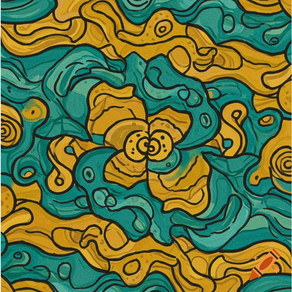 Abstract rug design in mustard, turquoise, and teal with black doodle lines creating a flowing pattern.