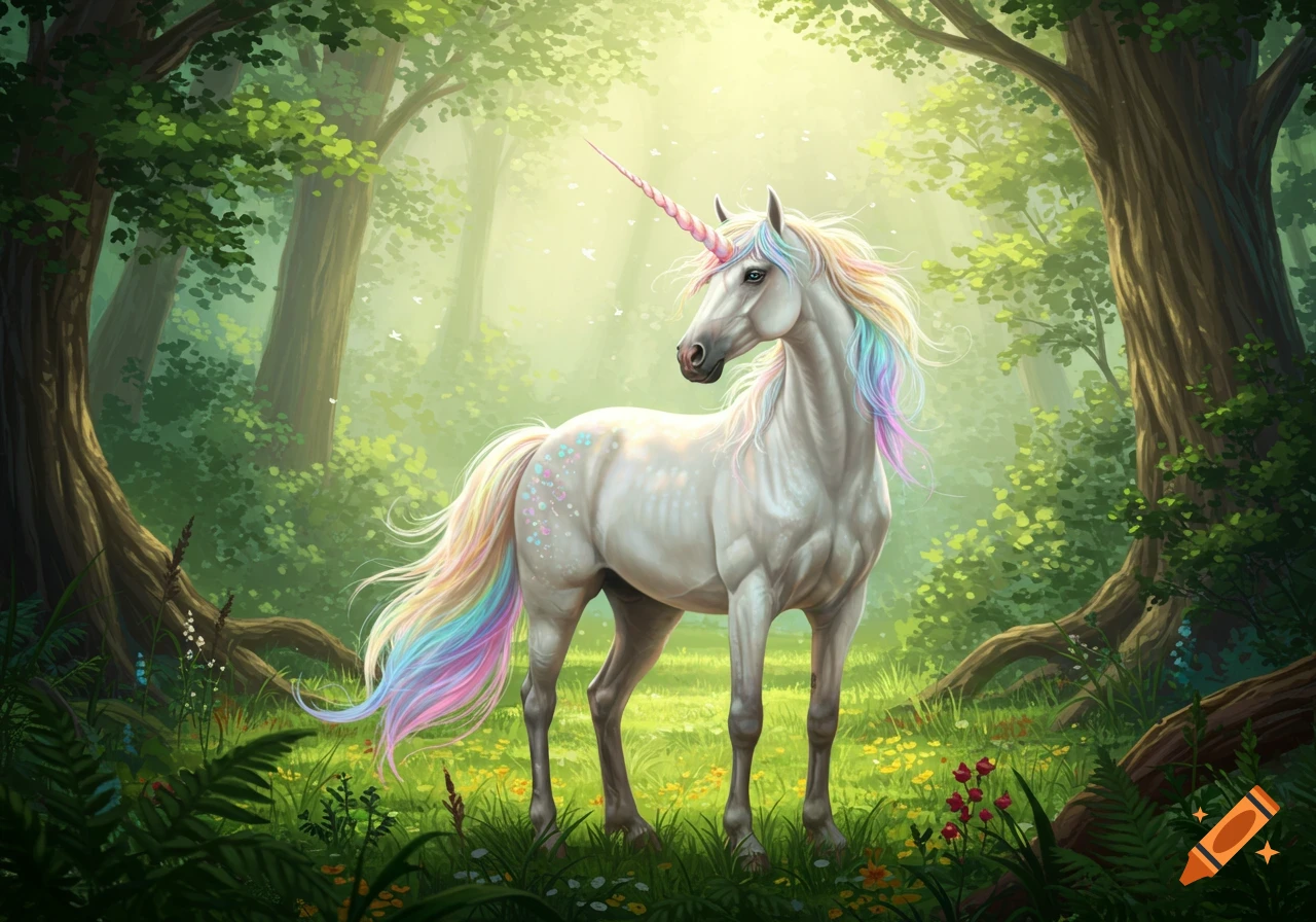 A white unicorn with a rainbow mane and tail stands in a sunlit forest.