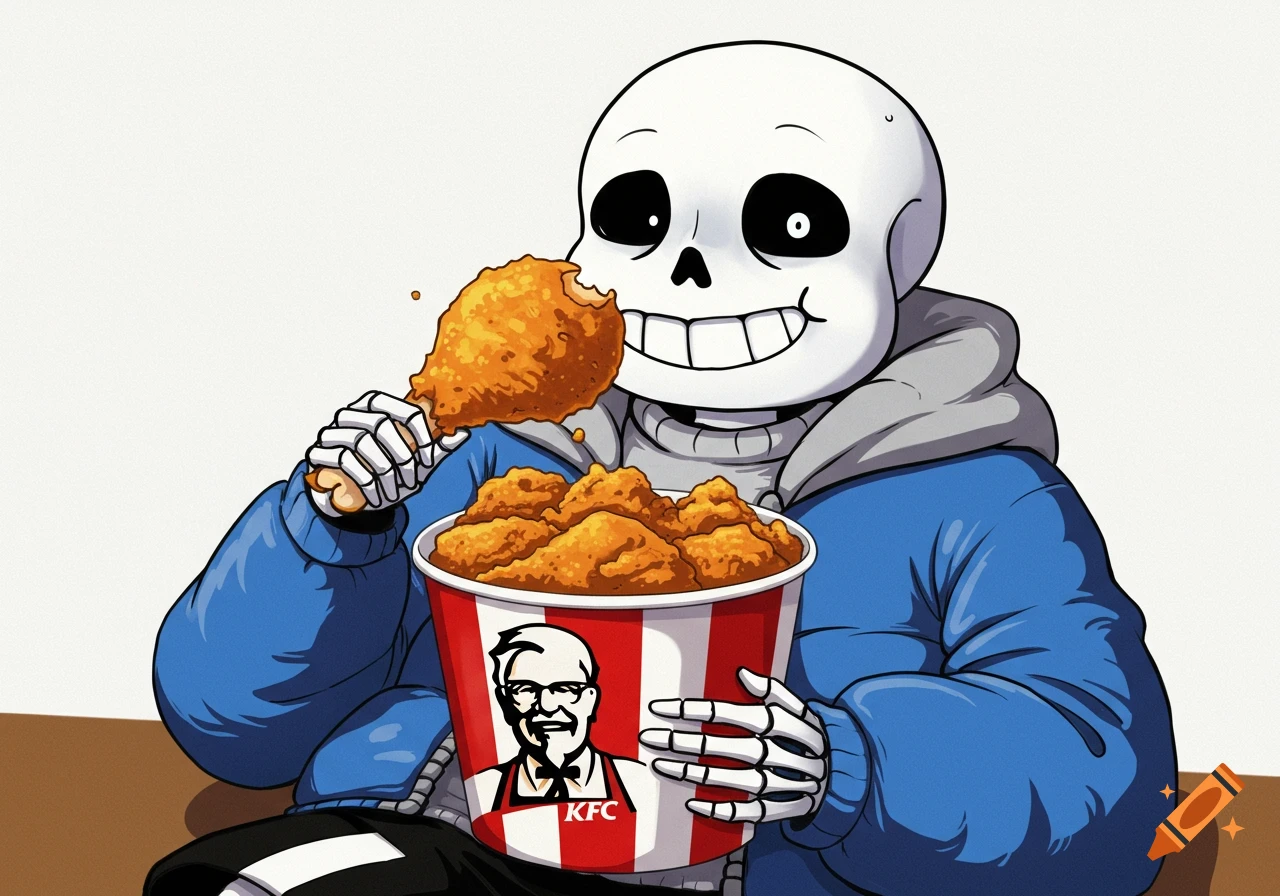 Cartoon skeleton Sans eating a drumstick from a bucket of fried chicken.