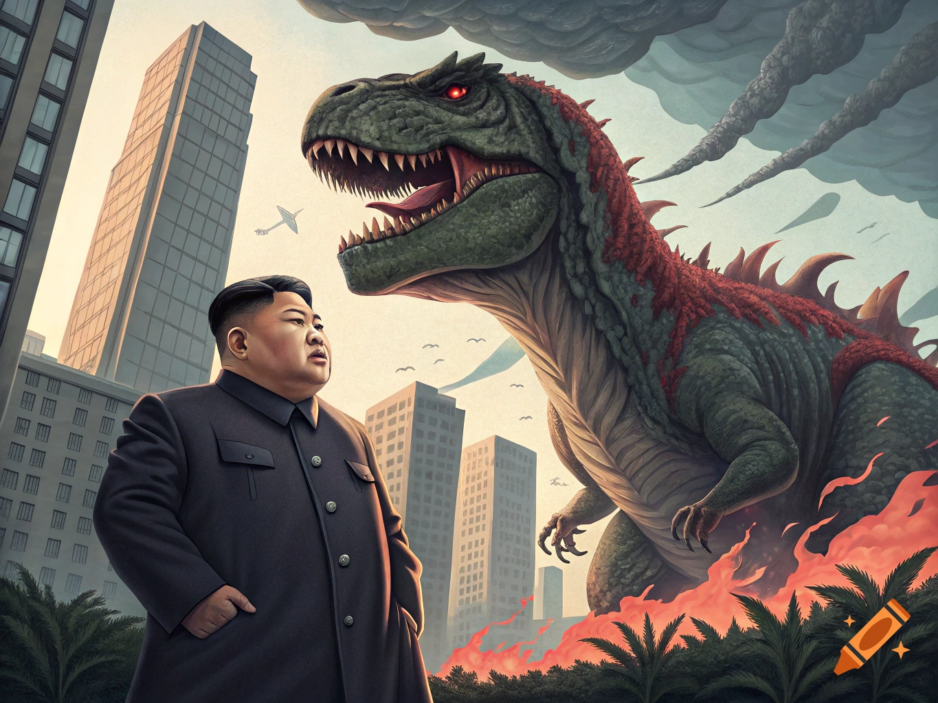 Kim Jong Un stands in a city as a massive, reptilian monster looms behind him under smoky skies.