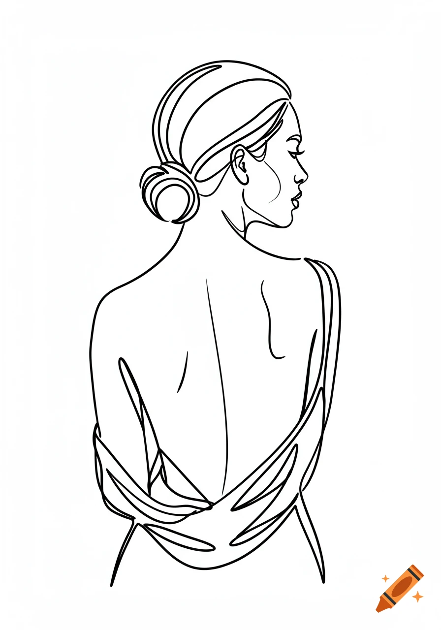Black and white continuous line drawing of a woman from behind, looking over her shoulder.