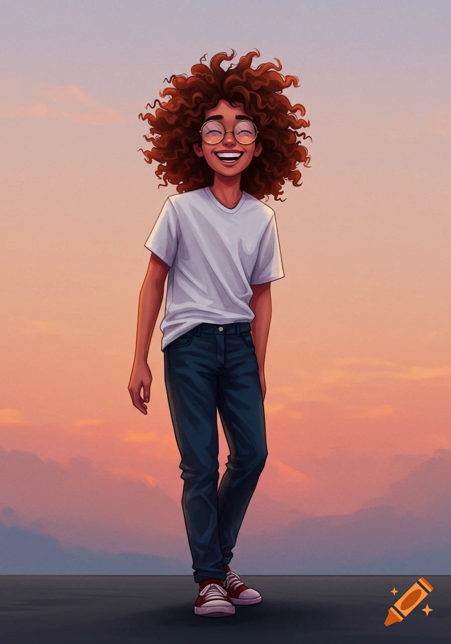 Illustration of a smiling young person with curly brown hair and glasses standing at sunset.
