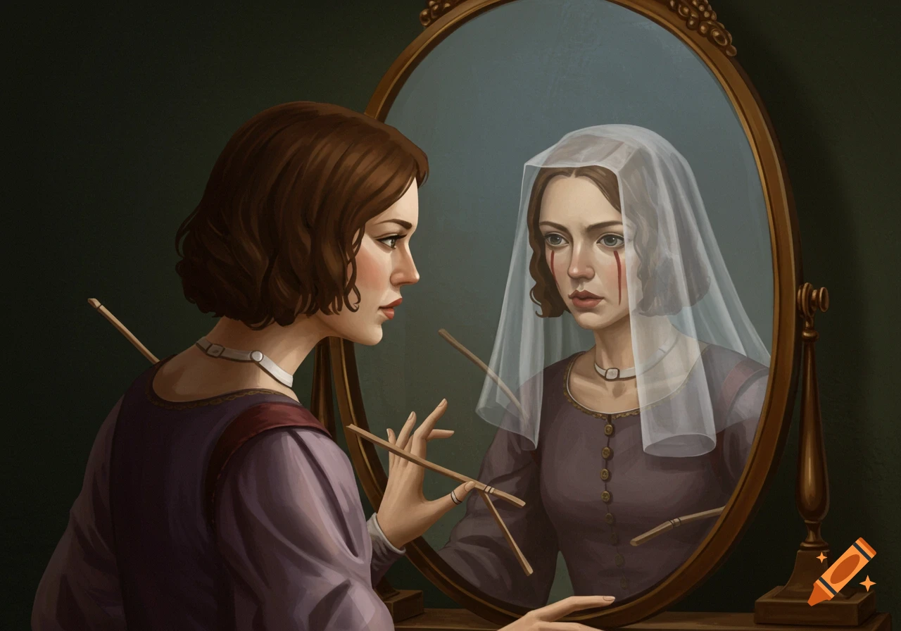 Renaissance-style painting of a woman looking into a mirror that reflects a tearful figure with marionette strings.