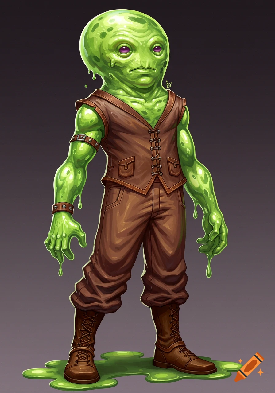 A humanoid alien creature made of green slime, wearing a brown vest and pants.