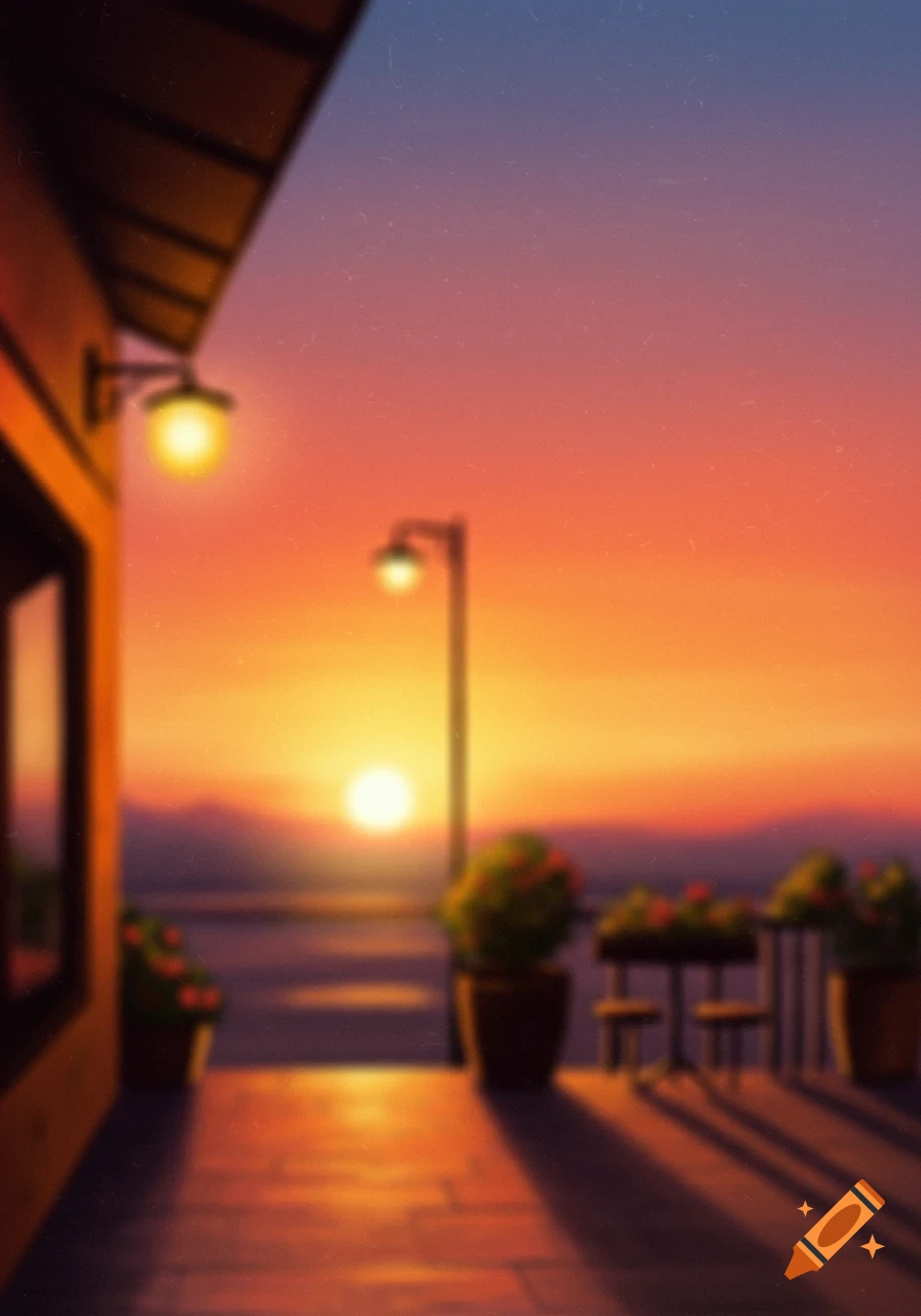 Stylized illustration of a cafe patio at sunset with blurry details.