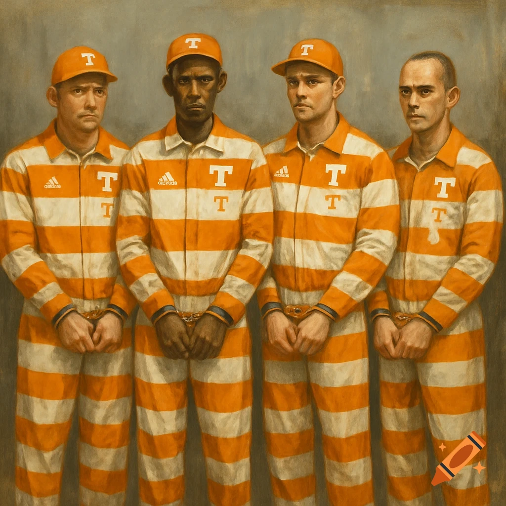 Oil painting of four men in orange and white striped prison uniforms with handcuffs