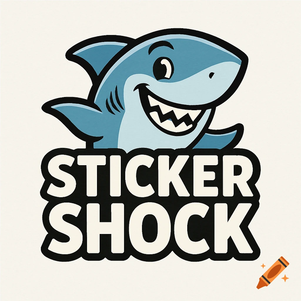 Cartoon shark logo with the text 'STICKER SHOCK'