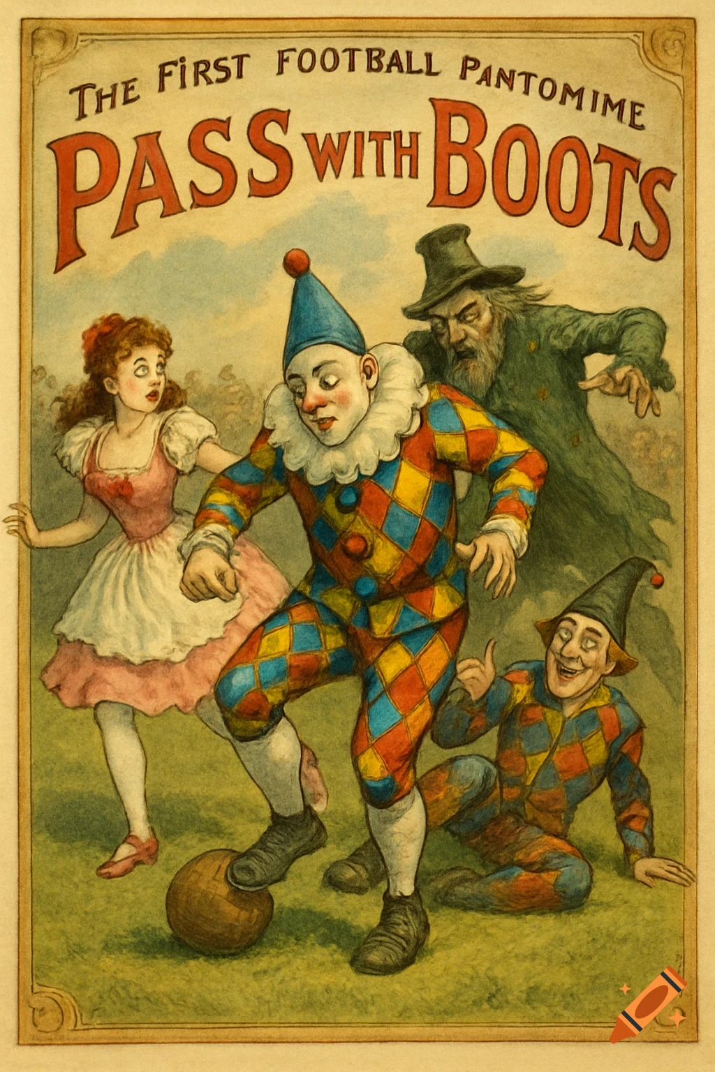 Vintage theatrical poster for 'The First Football Pantomime Pass With Boots' with characters playing football