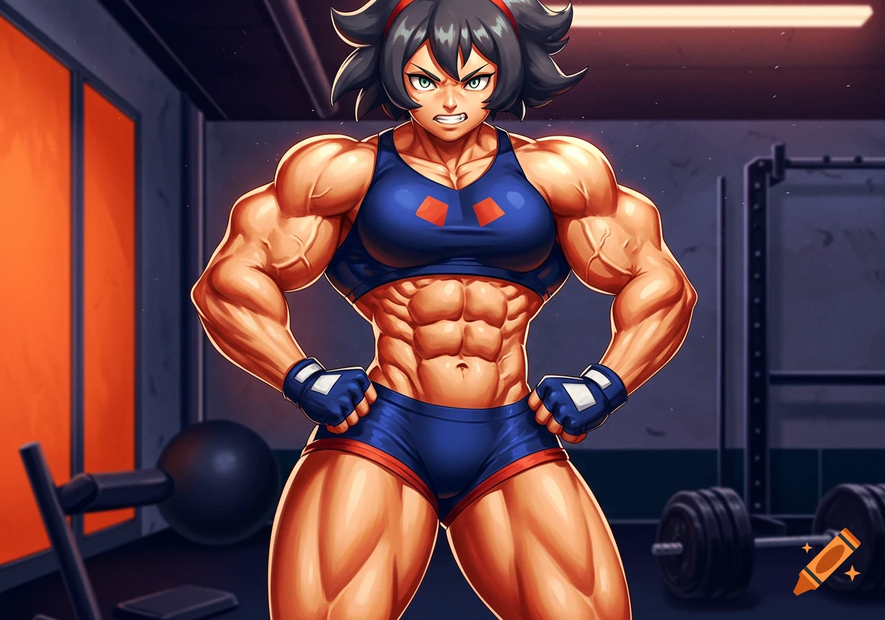 Muscular female anime character in a gym, resembling Pokemon trainer Bea