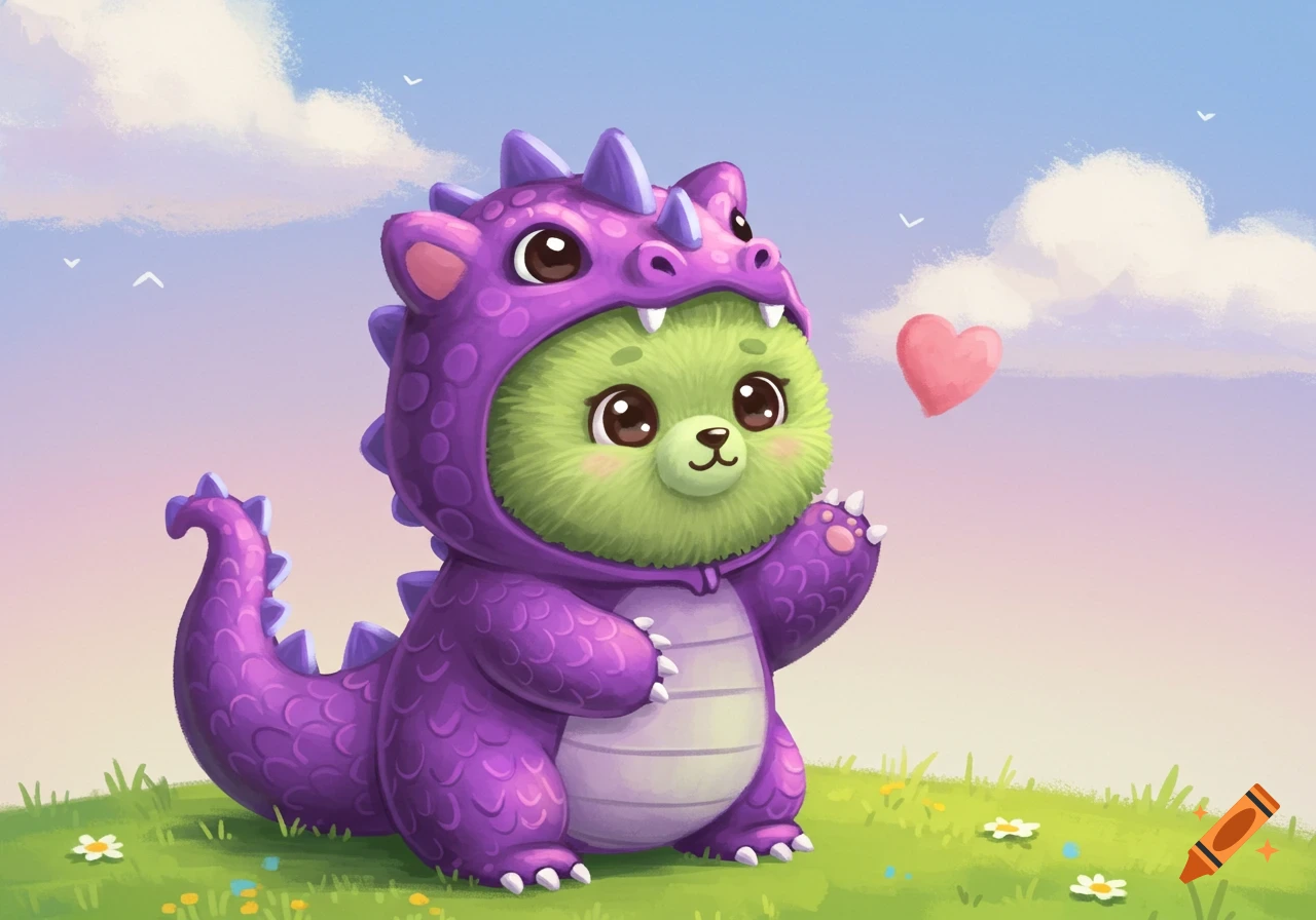 A cute green bear in a purple dragon costume sits on a grassy hill under a sky with a heart.