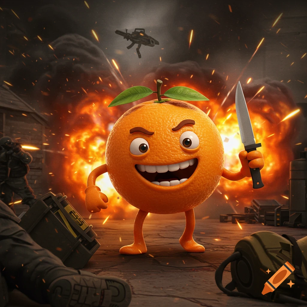 A cartoon orange character with arms and legs holds a knife in a chaotic combat scene with explosions and soldiers.