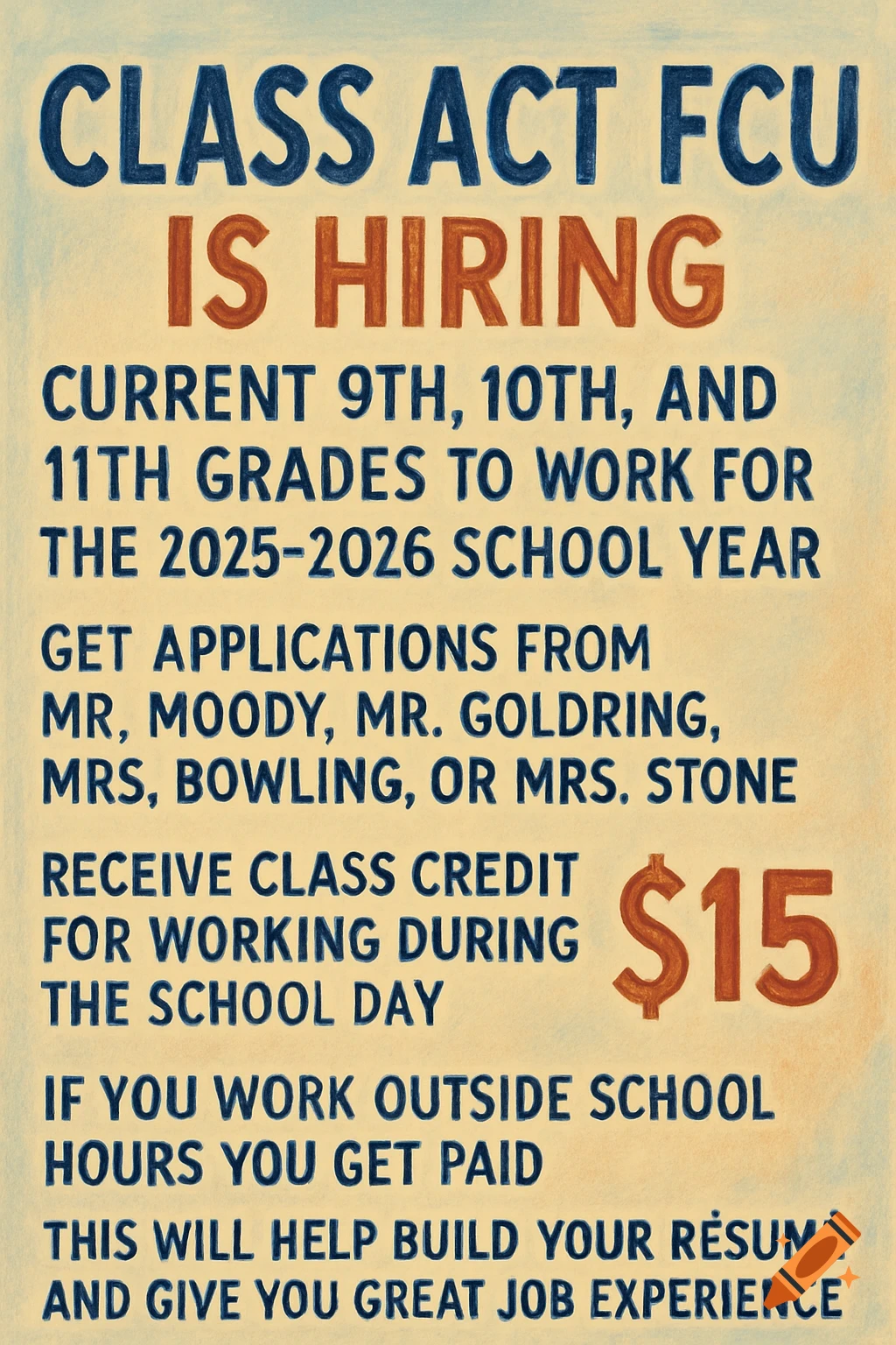 Flyer advertising student hiring for a school year with payment and credit.