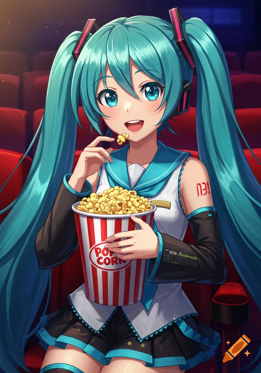 Anime girl Hatsune Miku eating popcorn in a movie theater